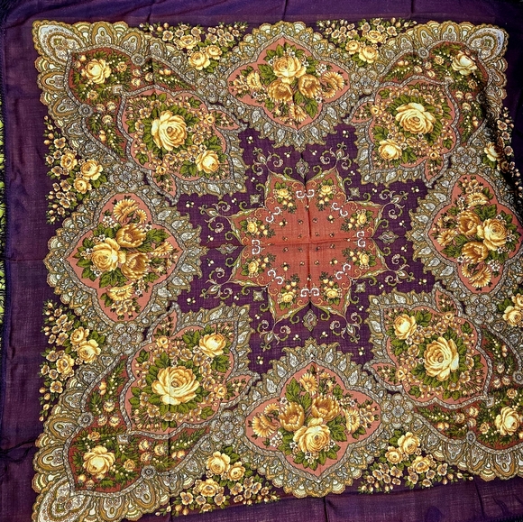 Shawl Large Wool Russian Style Pavlovo Posad Flowers - Picture 4 of 8